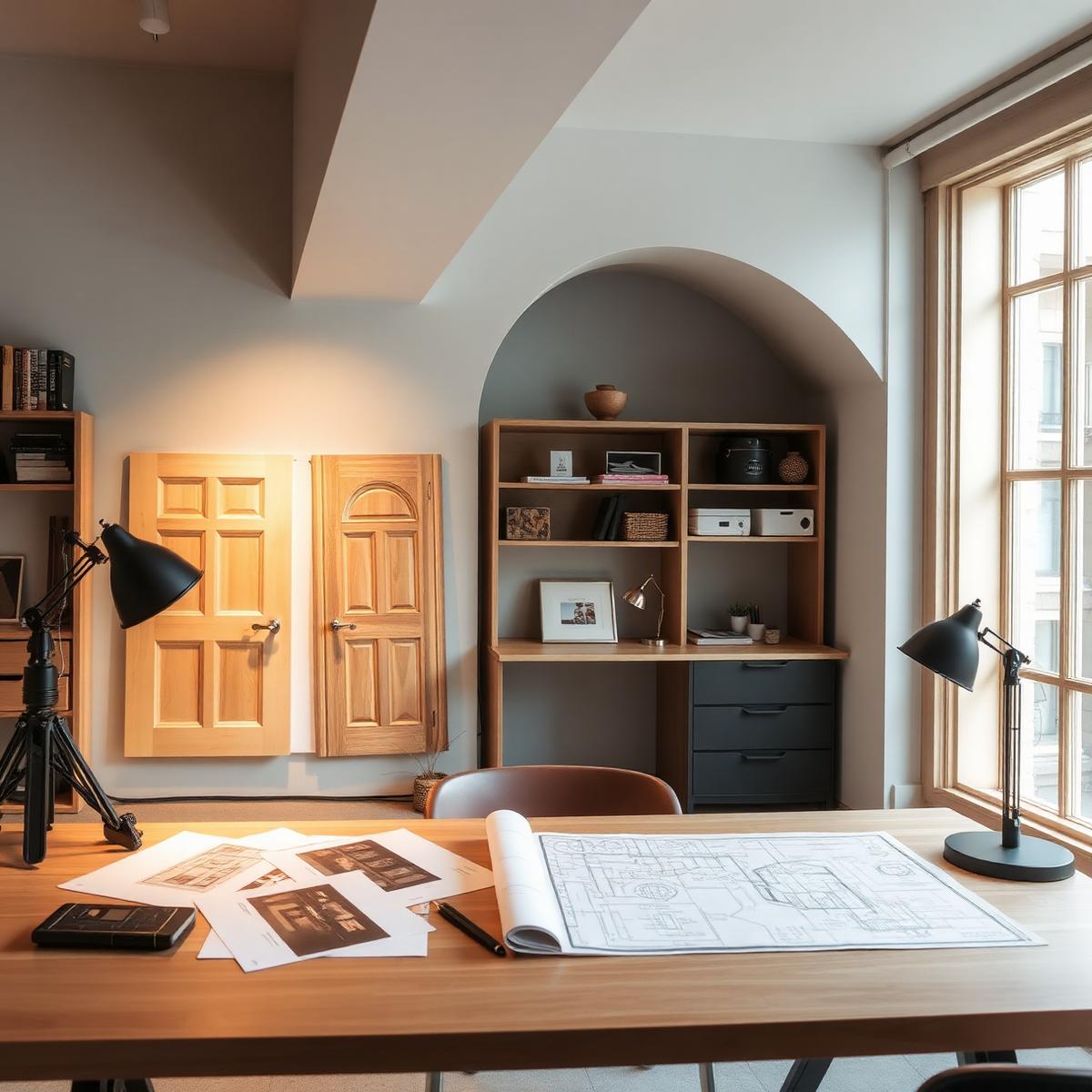 Mesa de estudio con muestras de puertas y planos técnicos